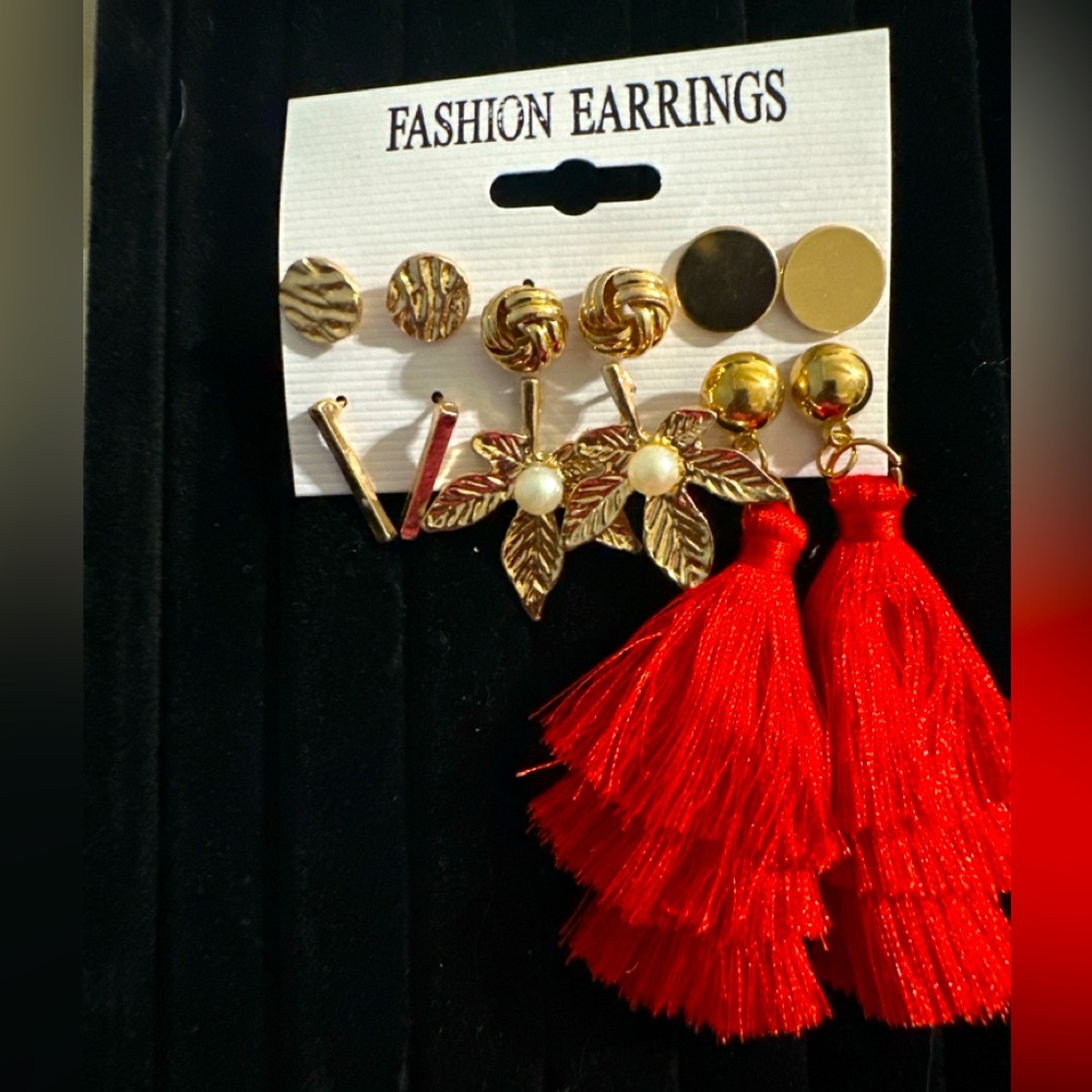 6-Pair Earring Set - Gold-Tone Studs, Dangles, and Red Tassel Drops